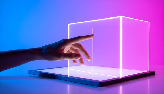 Hand Touching Futuristic 3D Neon Cube Interface on Tablet Device - Powered by Adobe