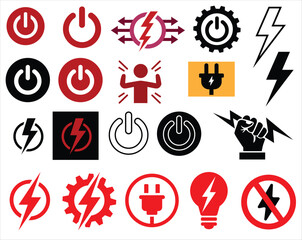 Collection of various power on-off, electricity, and energy indicator icons