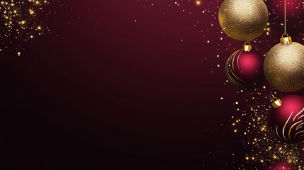 Luxury burgundy Christmas background with golden ornaments and sparkles
