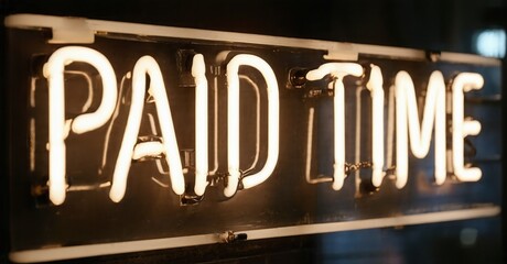 Bright neon sign displays Paid Time. Warm glow illuminates dark background. Simple typography creates bold visual statement.