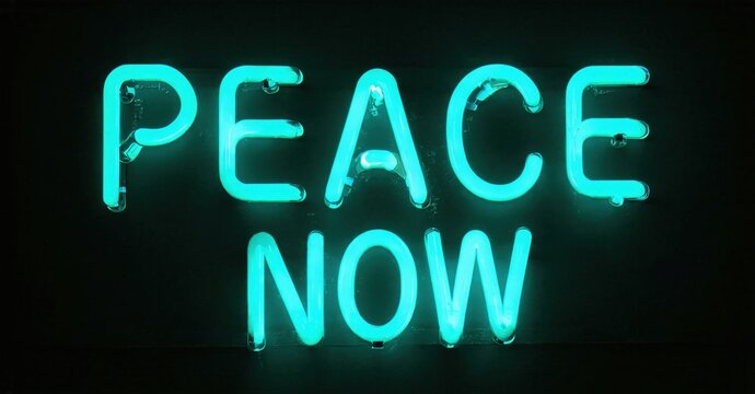 Bright neon sign displays words peace now against dark background. Simple message, vibrant glow, impactful statement.