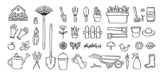 Gardener tools hand drawn doodle icons set. Hobby gardening. Garden items for plant care and backyard cleaning. Garden line clipart.