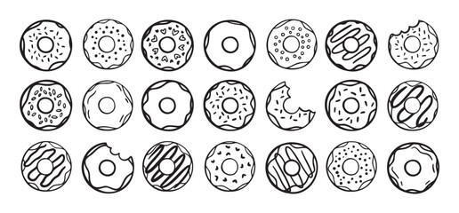 Doodle donuts set. hand drawn outline donut icons. Collection of cute doughnuts. Donut Doodles Sketch of cute donuts.