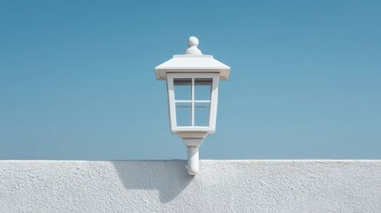 Elegant White Outdoor Wall Mounted Light Fixture Against Clear Blue Sky on a Textured Surface for Modern Aesthetic Spaces