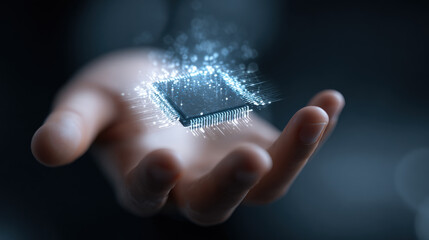 Floating holographic AI chip above a hand, conceptual technological empowerment