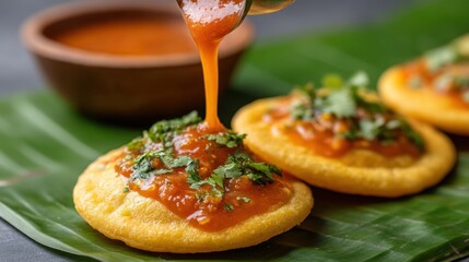 Delicious Sauce Being Poured Over Stuffed Puris on Fresh Banana Leaf for Authentic Indian Snack Experience