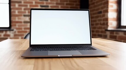 Modern laptop computer with blank white screen on a wooden desk set against a blurred brick wall and window background perfect for mockups and digital displays