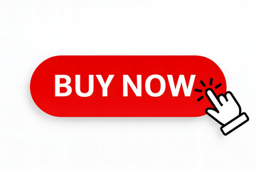 A vibrant red 'buy now' button with a clicking hand cursor, symbolizing instant online purchase.
