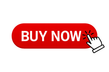 Red buy now button with a clicking hand cursor icon for online shopping and e-commerce websites.