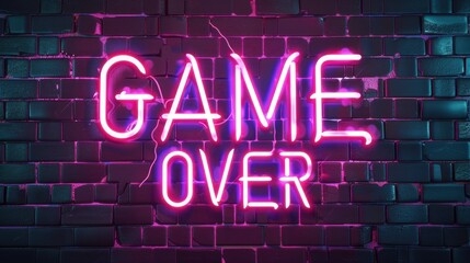 Neon sign displaying the words 'GAME OVER' in bright pink and blue colors against a dark brick wall background.