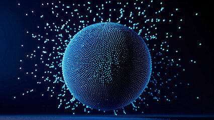 A close-up shot of a spherical object made up of small particles against a dark blue gradient background.