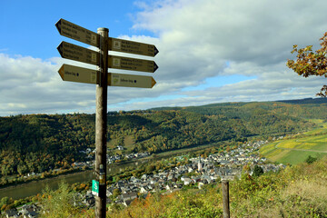 Schilder von Wanderwegen bei Enkirch an der Mosel im Landkreis Bernkastel-Wittlich in Rheinland-Pfalz im Herbst. Aussicht vom Wanderweg Moselsteig Seitensprung Leiermannspfad.  © Philipp