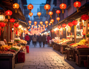 Fototapeta premium Night Market Street with Red Lanterns and Fruit Stalls in Traditional Asian Setting