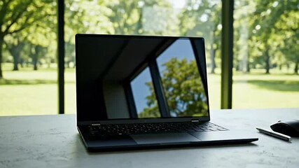 Modern laptop on a desk with a large window overlooking a lush green park showcasing remote work digital lifestyle and peaceful productivity in a bright workspace