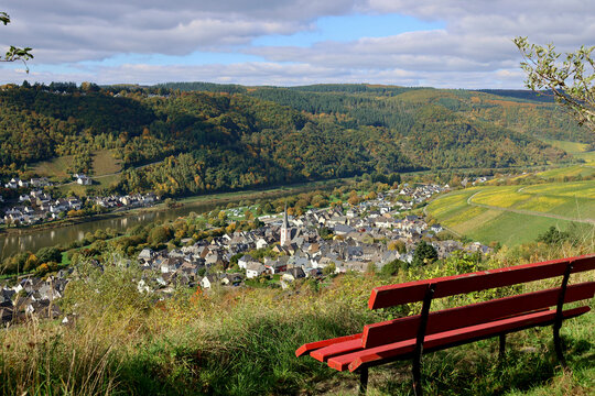 Der Weinort Enkirch an der Mosel in der Verbandsgemeinde Traben-Trarbach im Landkreis Bernkastel-Wittlich in Rheinland-Pfalz im Herbst. Aussicht vom Wanderweg Moselsteig Seitensprung Leiermannspfad. 