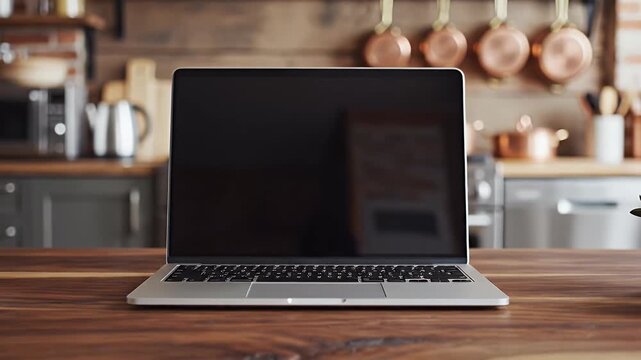 Modern laptop mockup on a wooden kitchen counter with blurred background of copper cookware perfect for showcasing website designs app interfaces and digital content