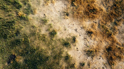 Transition from Lush Green Grass to Dry Earth Aerial View