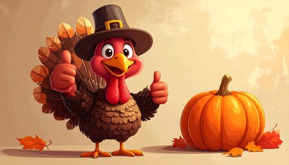 Festive Thanksgiving Turkey with Pumpkin and Autumn Leaves.