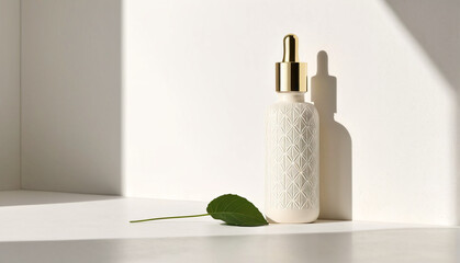 A minimalist cosmetic bottle with dropper on a white surface, surrounded by subtle indoor elements.