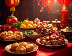 Festive Chinese New Year Dinner with Traditional Dishes Red Lanterns and Candles Setting