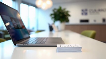 Modern office workspace with laptop and business cards on a white table showcasing productivity collaboration and professional success in a bright contemporary setting