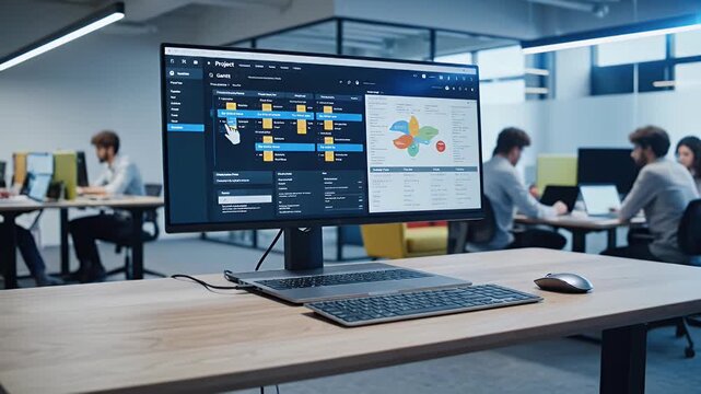 Modern office workspace with a computer displaying project management software and a Gantt chart showcasing teamwork and digital workflow in a collaborative environment