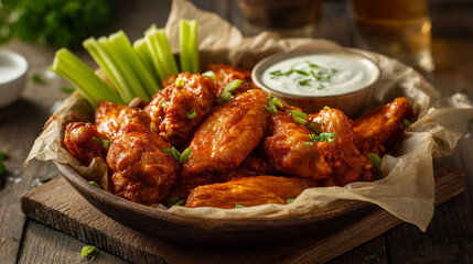 Crispy Buffalo Chicken Wings Served with Fresh Celery Sticks and Creamy Ranch Dipping Sauce