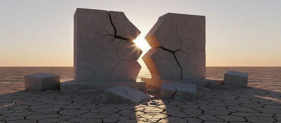 Divorce concept commemorating the crumbling and breakup of a formerly solid relationship