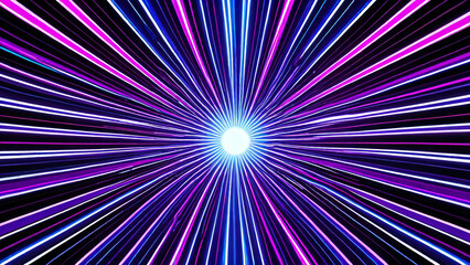Futuristic abstract tunnel shape with radial pattern of colorful lines radiates energy and movement.