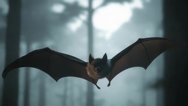 Bat flying in misty forest at dusk. Halloween wildlife concept.