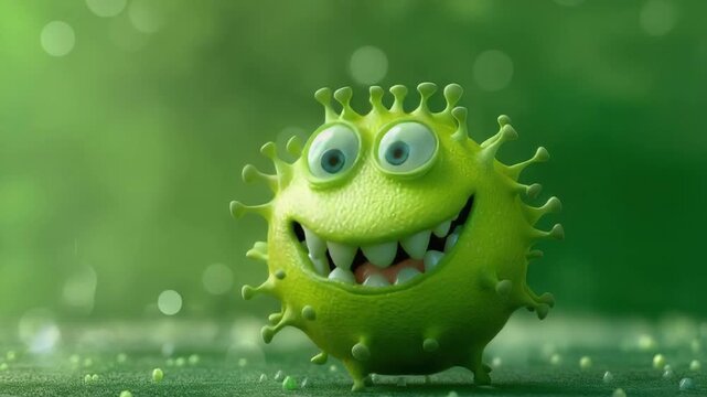 Funny green germ monster with big smile. Infection and immunity concept.