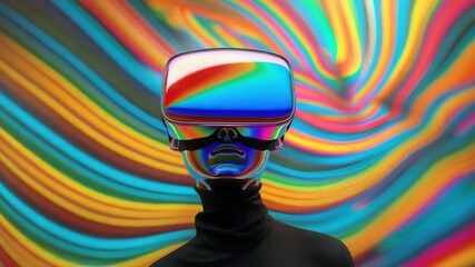 Person wearing virtual reality headset with vibrant abstract background. Metaverse technology concept. - Powered by Adobe