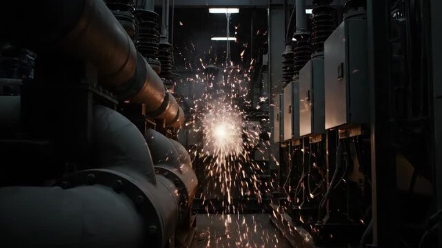 Interior view of a power plant, equipment and pipes in a row