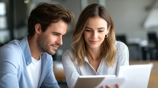 Two coworkers collaborate on a creative presentation, arranging slides on a tablet and printed pages, modern office, focused smiles, soft daylight, shallow depth, realistic stock photo, no logos