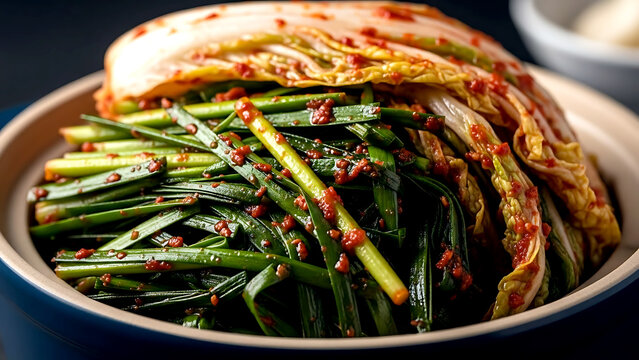 Korean buchu kimchi garlic chive kimchi with napa cabbage, showing the deep green chives intertwined with cabbage in a fiery red paste, served in a small glazed ceramic pot 