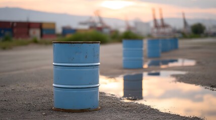 Naklejka premium Weathered blue industrial barrels arranged in a line on gravel reflecting the twilight sky in puddles