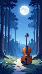 A captivating illustration of a violin standing in a moonlit forest, evoking a sense of tranquility.