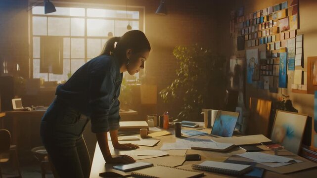 Creative designer leaning over a cluttered drafting table in a warm, sunlit studio