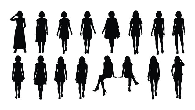 Silhouettes of women in various poses and dresses a dark graphic collection