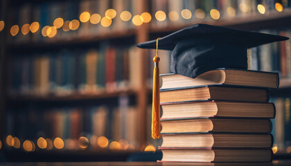 Academic achievement and graduation concept with a mortarboard on a stack of books in a library