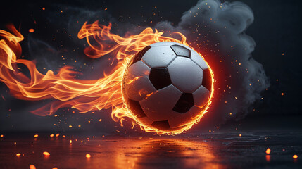 Fototapeta premium Soccer ball engulfed in intense flames and smoke, dramatic action shot