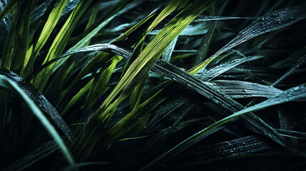 Vibrant Green and Dark Wet Grass Blades nature