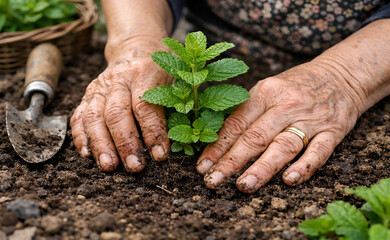  Elderly woman's hands planting a mint plant in a garden bed, surrounded by soil and green foliage