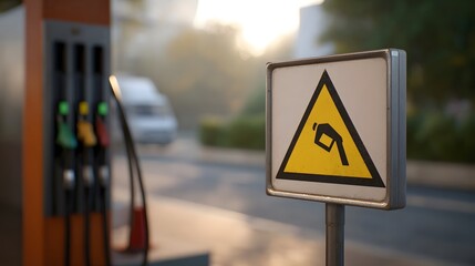 Gas station fuel pump and hazard warning sign at golden hour with a hint of fog illuminated by soft sunlight