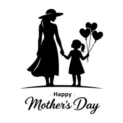 Elegant silhouette of a mother and daughter holding heart balloons for a Happy Mother's Day.