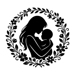 Elegant black and white silhouette of a mother tenderly holding her baby within a decorative floral wreath frame.