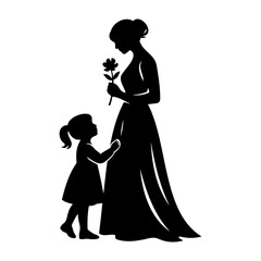 Tender black silhouette of a mother holding a flower while her young daughter looks lovingly
