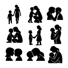 Collection of minimalist black silhouettes showing loving interactions and bonding moments between mother and child.