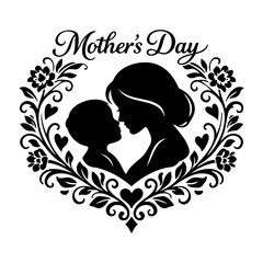 Elegant Black and White Mother's Day Silhouette of Mother and Child with Floral Heart Frame