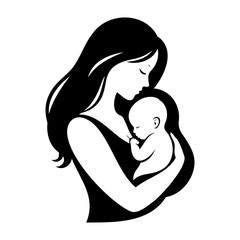 Minimalist silhouette of a mother tenderly cradling her newborn baby in a loving peaceful embrace